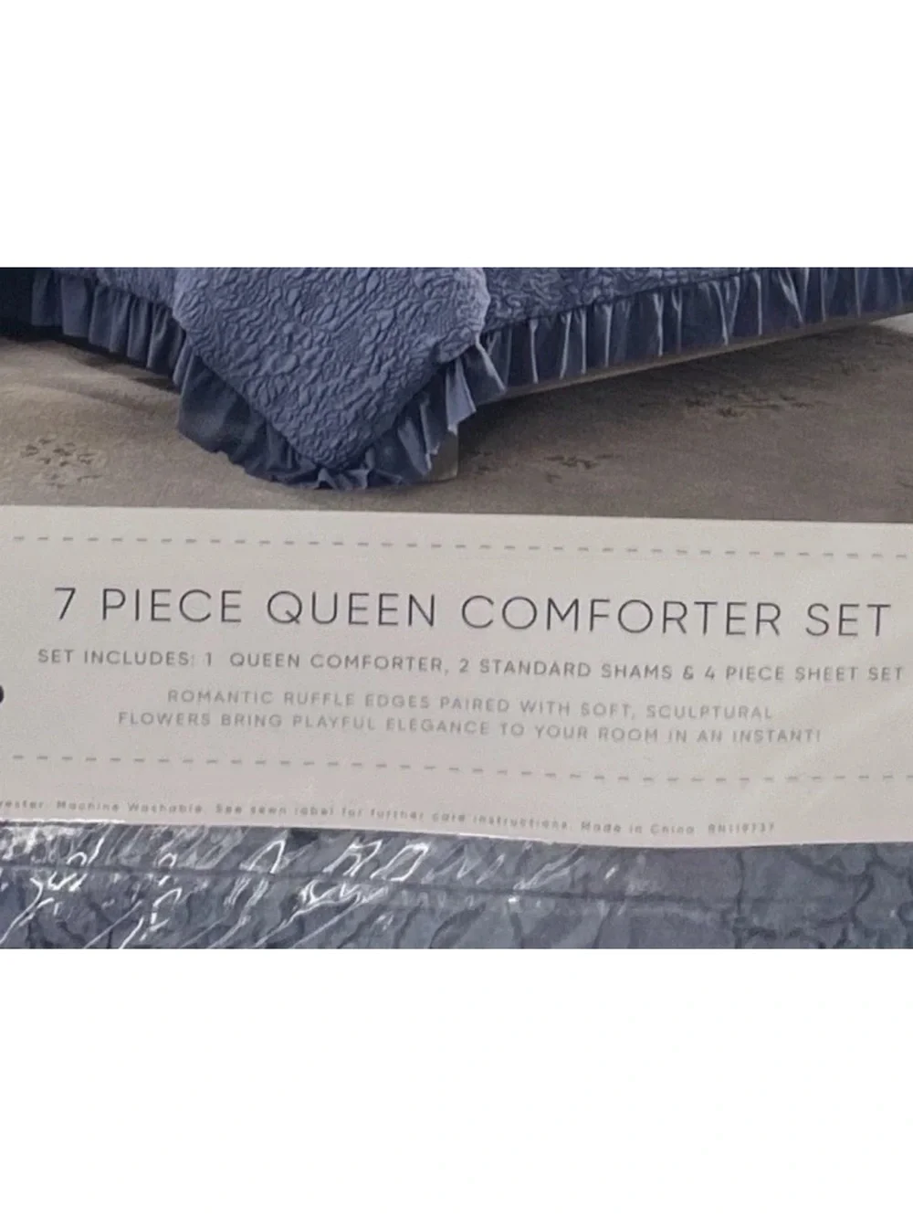 Harper Blue Queen 7 Piece Floral Comforter Set with Ruffled Trim 90”x90”